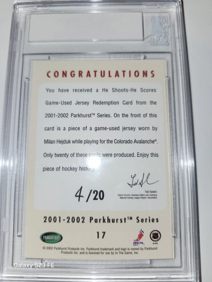2001-02 in the Game Parkhurst Milan Hejduk He Shoots He Scores Redemption #4/20 - Image 4 of 4