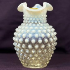 Fenton White Opalescent Hobnail Glass Vase Double Crimped Ruffled Rim W/ Label