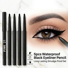 5pcs Waterproof Black Eyeliner Pencil Long-Lasting Smudge-Proof Set - NEW