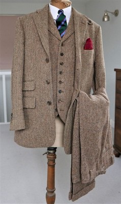 Warmer Vintage Herren Anzüge Tweed Wollmischung Mantel 3 Teile Fischgrät Blazer Smoking