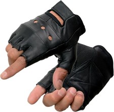 SH216 Men's Black Leather Gel Padded Palm Fingerless Motorcycle Hand Gloves