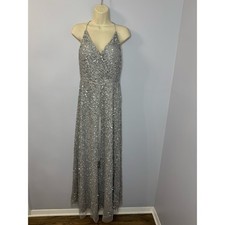 Adrianna Papell Platinum Sequin V Neck Evening Maxi Dress Mother Bride Womens 10