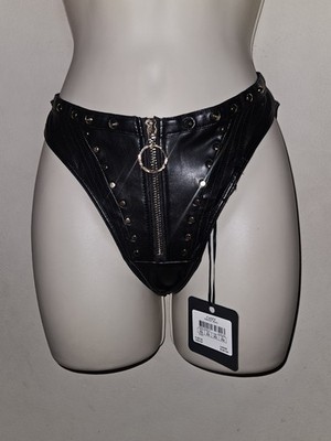 Honey Birdette Casey Faux Leather Brazilian Panty with Studs and Zipper XS NWT