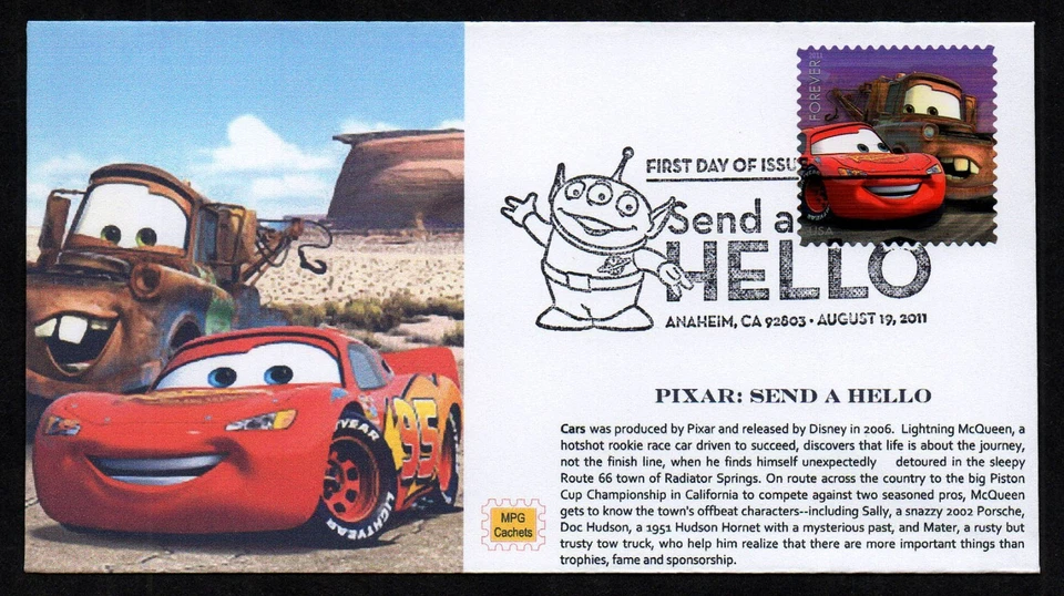 USA, SCOTT # 4553-4557, SET OF 5 MPG FDC COVERS SEND A HELLO, DISNEY PIXAR 2011 - Image 2 of 4