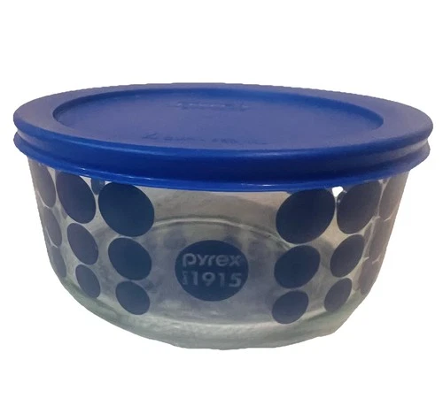 Pyrex 1915 Anniversary Blue Polka Dot Bowl #7201  19- 1 Quart, 6" dia With Lid