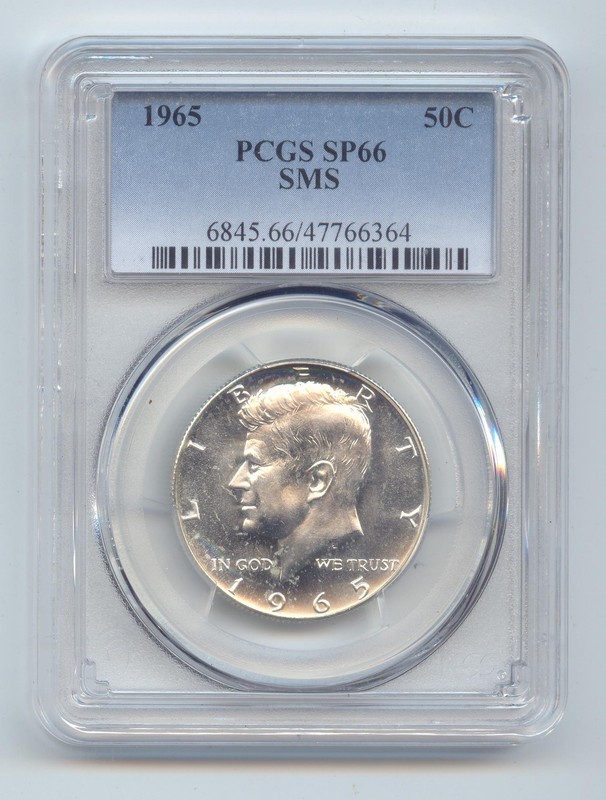 1965 SMS 40% Silver JFK Half Dollar, Kennedy, PCGS SP-66