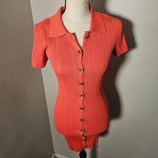 Forever 21 Dress Womens S Ribbed Knit Short Sleeve Button Neck Mini Peach Orange