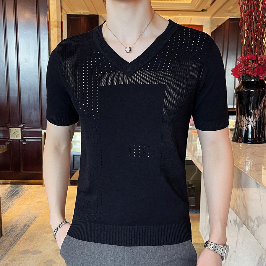 Men Slim Fit V-Neck Short Sleeve Knit T-Shirt Solid Color Ice Silk