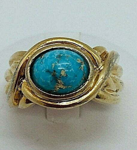 925 Solid Sterling Silver Gold Vermeil Natural Persian Turquoise Ring Size 5.75 - Picture 1 of 3