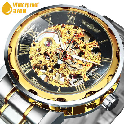 Men Gold Tone Stainless Steel Skeleton Automatic Mechanical Luminous Wristwatch