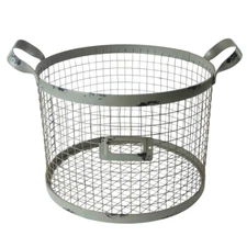 Distressed Metal Decorative 10" Round Wire Basket with Handles