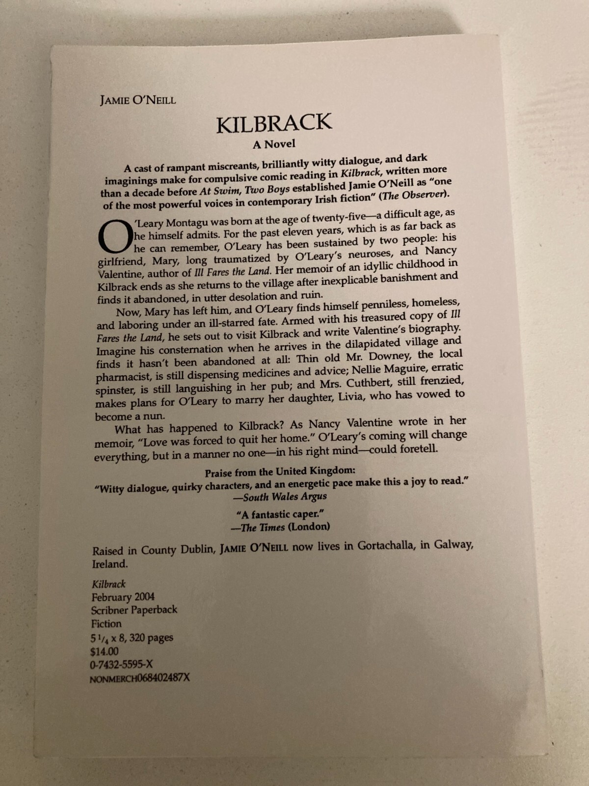 Kilbrack: A Novel by Jamie O'Neill (2004) Advance Uncorrected Proof ARC