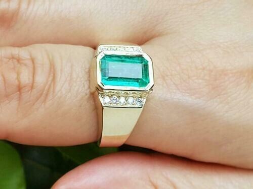 2Ct Green Emerald & Lab Created Diamond Men's Engagement Gold Finish Gift Ring - Picture 3 of 8