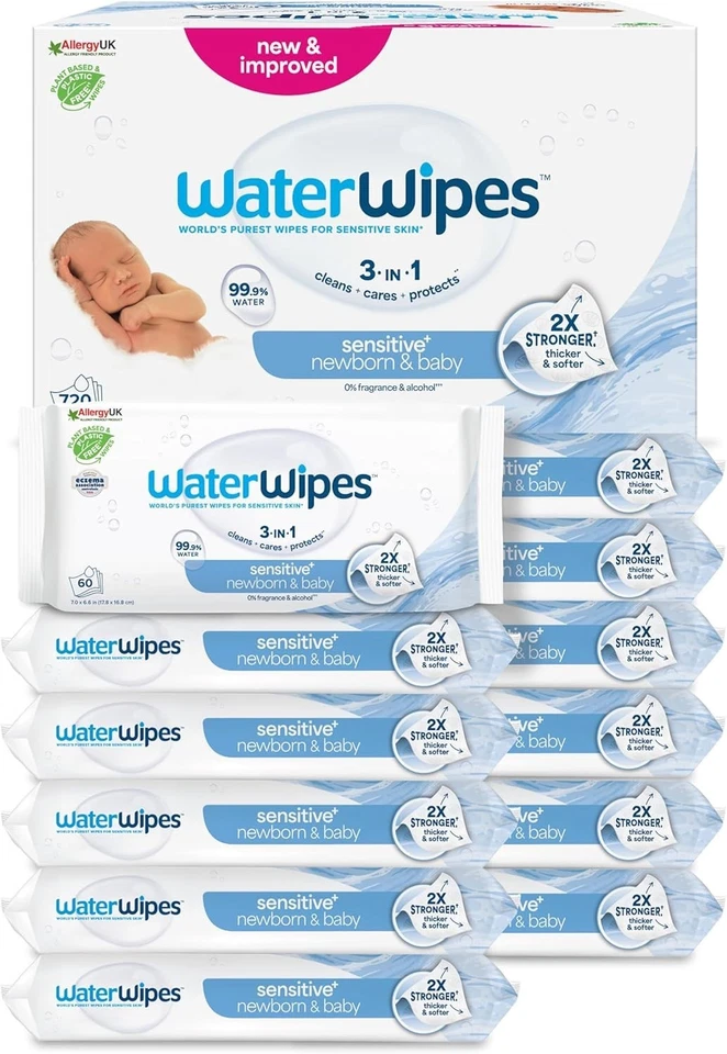 WaterWipes Sensitive+ Newborn & Baby Wipes, 720 Count (12 Packs), 3-In-1 Cleans,