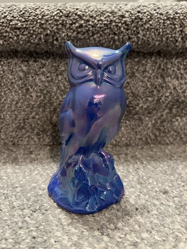 Fenton Art Glass Owl Iridescent Blue Purple Carnival Glass Figurine