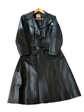 Vintage Harrison Peters Black Leather Trench Coat Maxi Long Belted Jacket 70s 