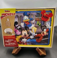Disney Junior Mickey 5 Wood Jigsaw Puzzles in Wood Storage Box SEE PHOTOS