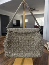 Vintage 1950 s Metallic Silver Floral Micro Beaded Bag Handmade In Hong Kong