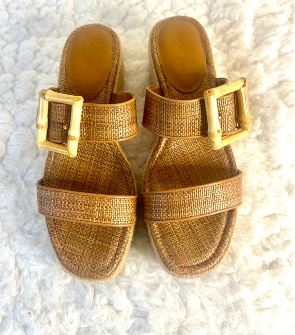 J.McLaughlin Fleur Bamboo Buckle Wedge Sandal in the tan color women size 10M
