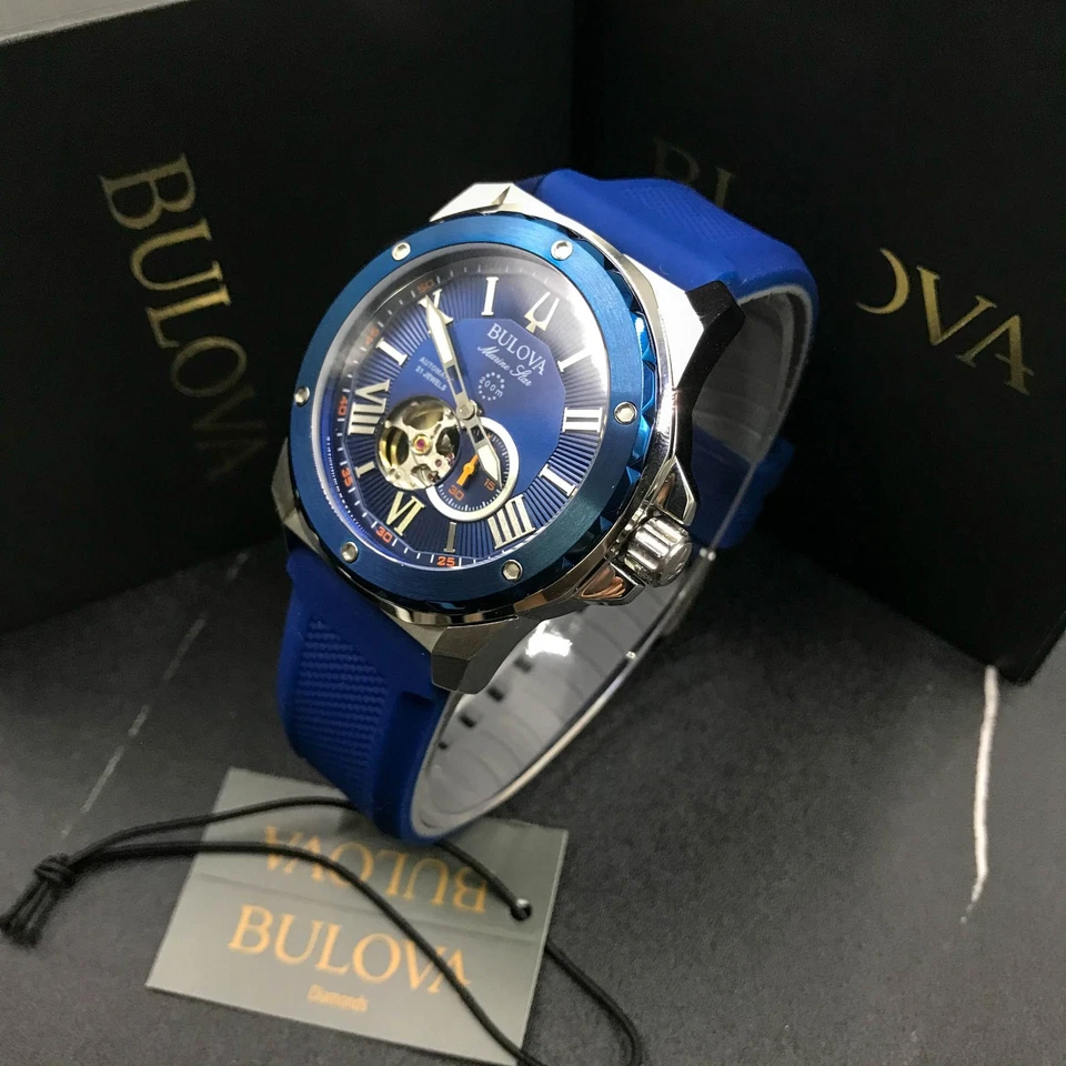 宝路华 98A303 Marine Star A 45 毫米自动男士手表-蓝色表盘橡胶表带 — 第 2/4 张图片