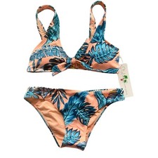 New Stylish Swimwear Orange Tropical Leaf Two Piece Bikini - Small