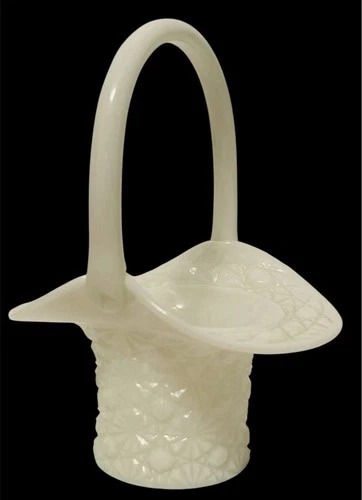 Vintage Fenton Milk Glass Daisy & Button Pattern Top Hat Vase - Handled Basket