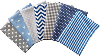 7pcs Cotton Quilting Fabric, Blue Grey Fat Quarter Bundles Printed Patchwork