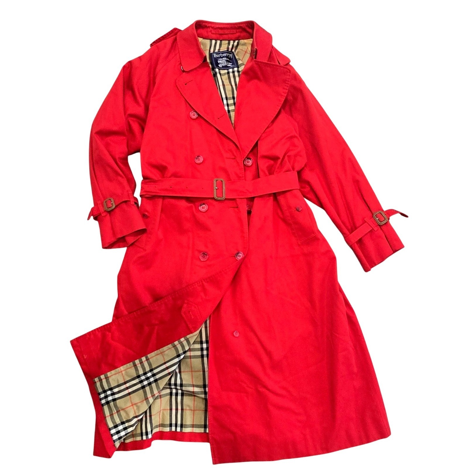 Burberrys Red Trench Coat Womens Size 18 LONG Cotton & Wool Lining with belt image 9