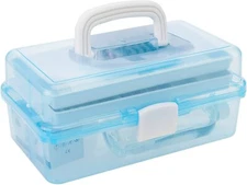 Transparent Blue Plastic Multipurpose Storage Box w/Handle & Expandable Trays