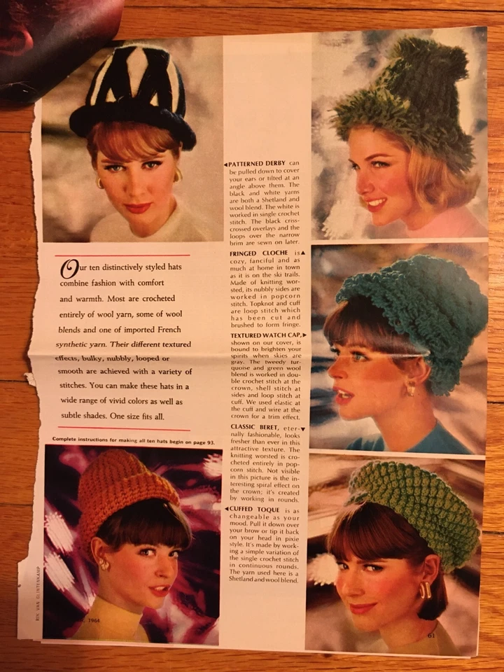 Vintage 1964 Woman's Day Crochet Patterns for 10 Women's Hats - Image 2 of 3