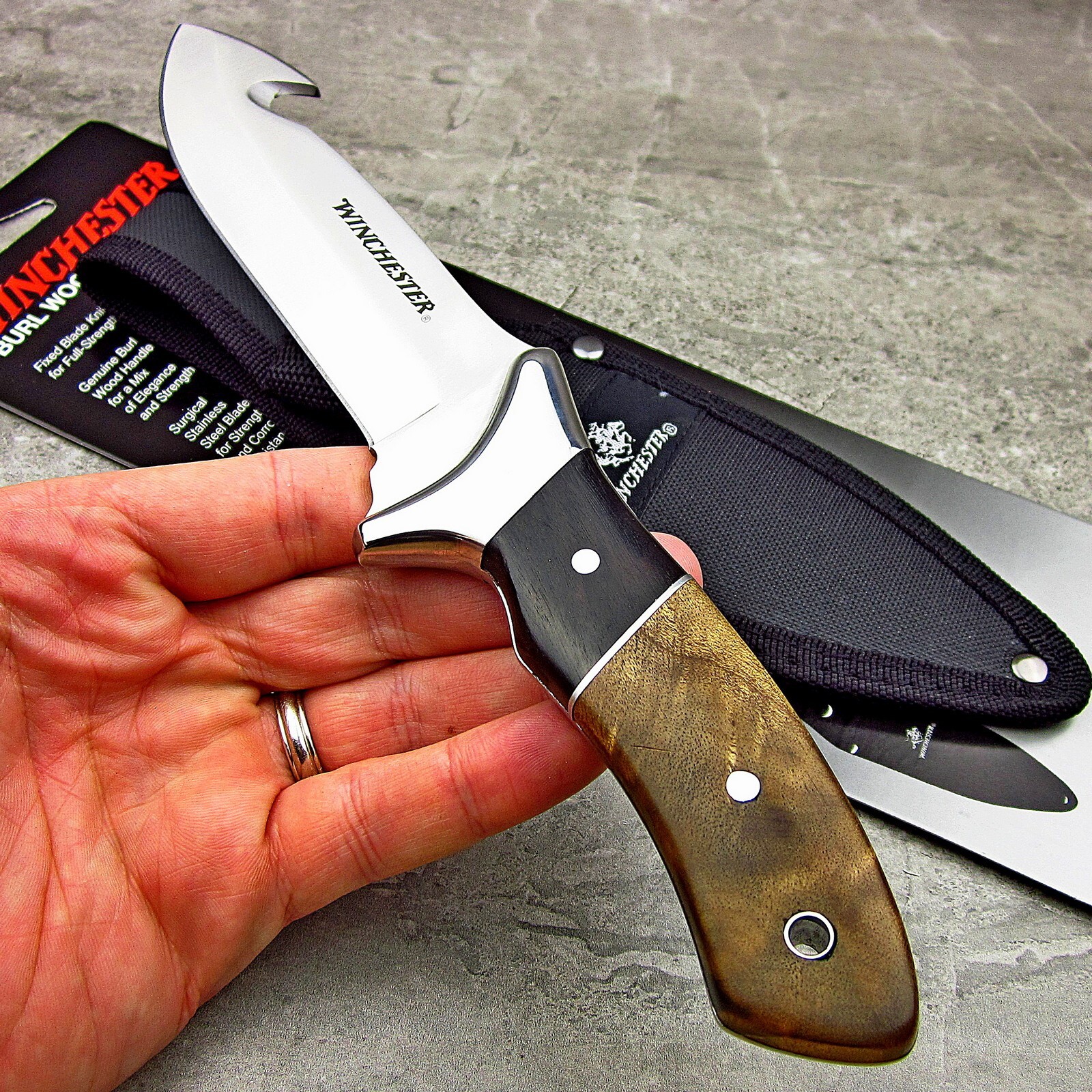 Winchester Genuine Burl Wood Handles Fixed Blade Guthook Hunting