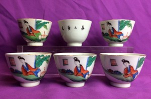 CHINESE ANTIQUE PORCELAIN CUPS -RARE SET OF 6 FAMILLE ROSE “MAIDEN” CUPS -Marked