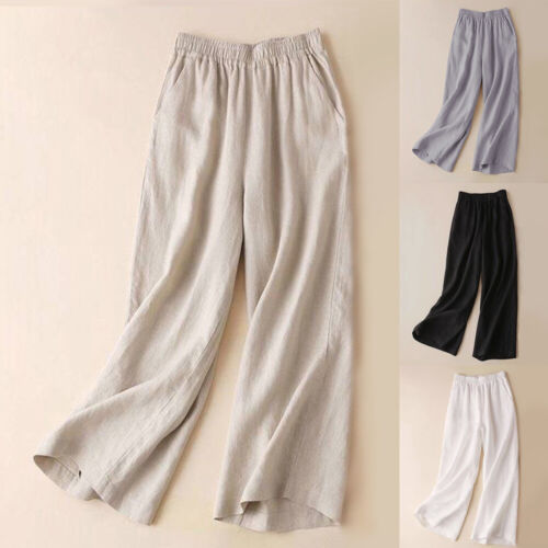 Women Plus Size Plain Straight Pants Trousers Ladies Baggy Wide Leg Pants New