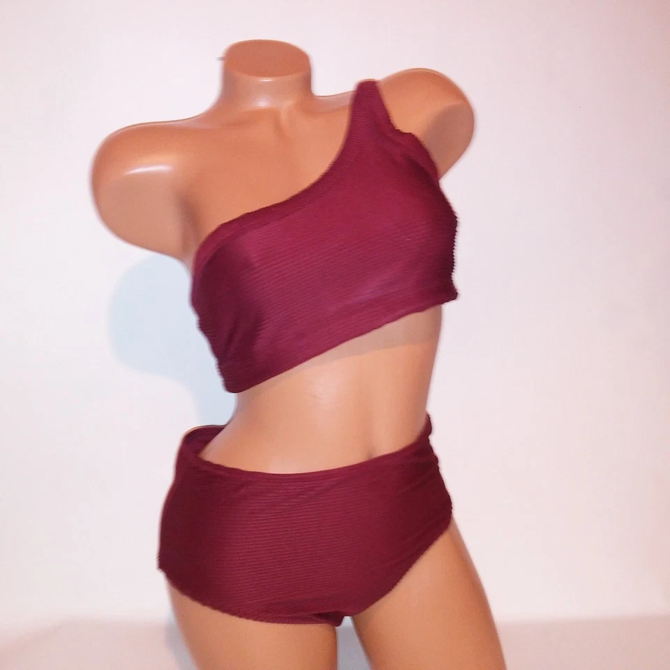 Bikini de natación Old Navy mediano superior e inferior borgoña liso acanalado un hombro Foto 2 de 4