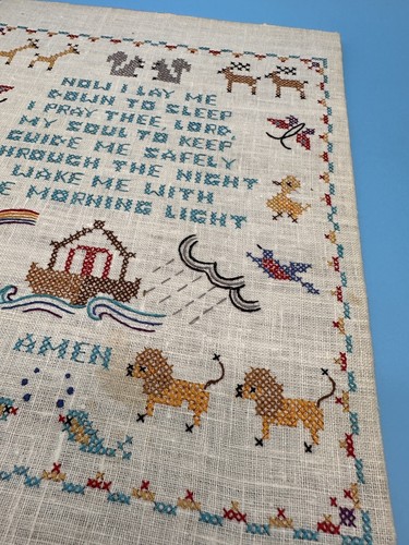 Vintage NOW I LAY ME DOWN TO SLEEP Childs Prayer Needlepoint Noah's Ark - Picture 4 of 8