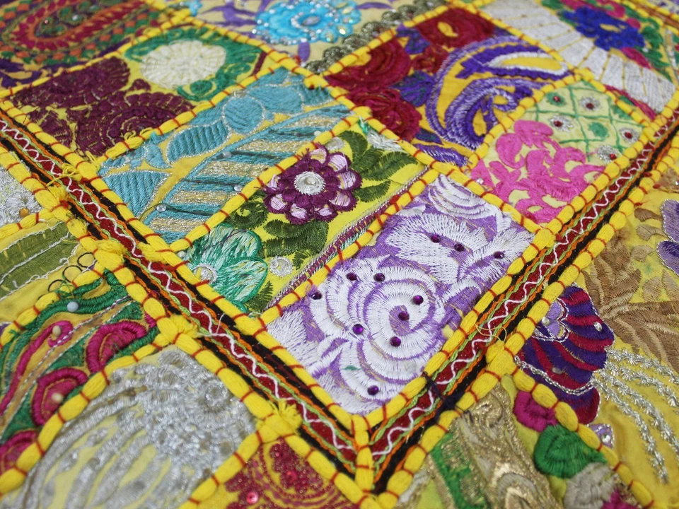 Yellow Patchwork Square Floor Pillow Bohemian Decorative Pillow Vintage Cover AU - Image 4 of 4