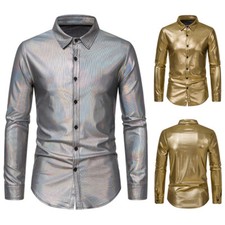 Men Shiny Long Sleeve Shirt Party Club Button Down Disco Gold 70s Costume Prom