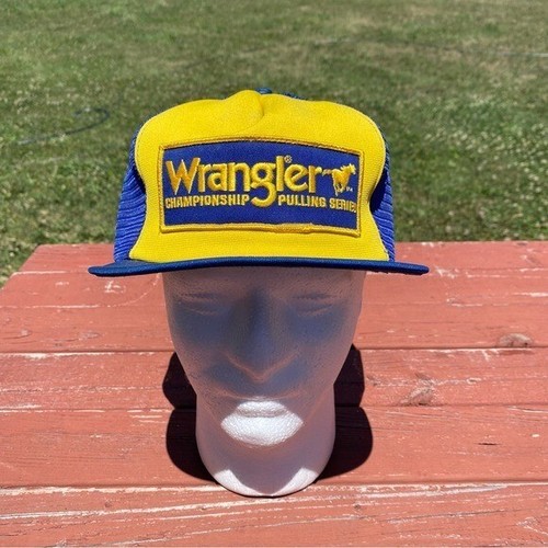Vintage Wrangler Championship Pulling Patch Trucker Hat Snap Back Mesh Blue - Picture 2 of 13