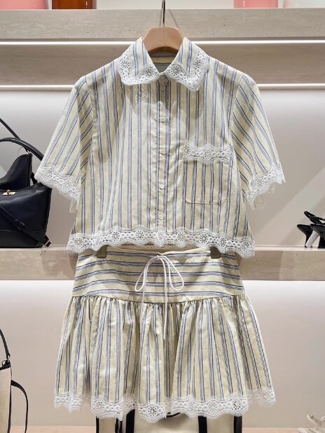 Women Sandro Collared Lace Contrasting Striped Blouse Top / Mini Skirt