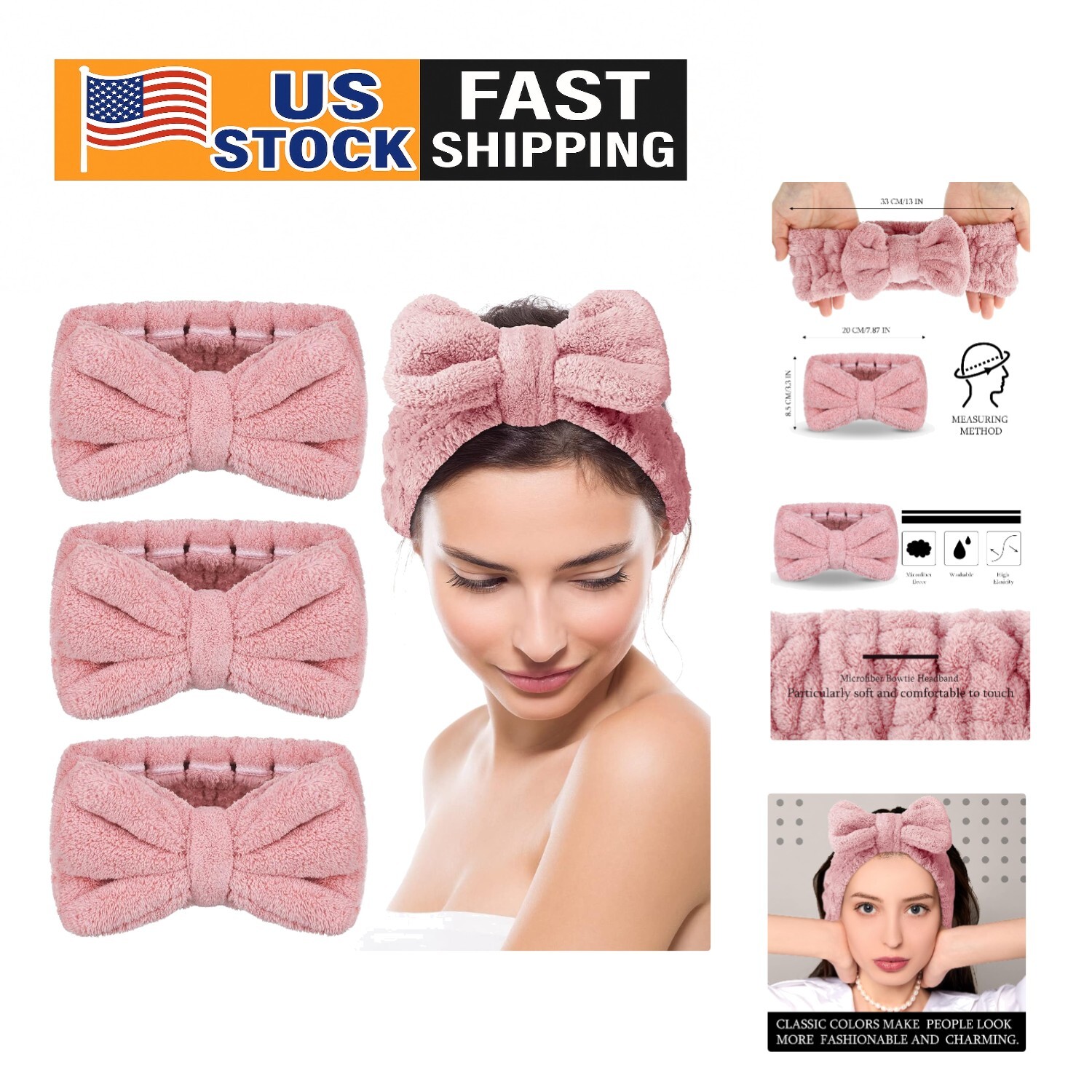 Soft Pink 3-Pack Towel Headbands for Makeup & Skincare