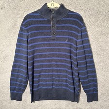 Nautica Striped Button Mock Neck Embroidered Cable Knit Sweater Men's L Blue