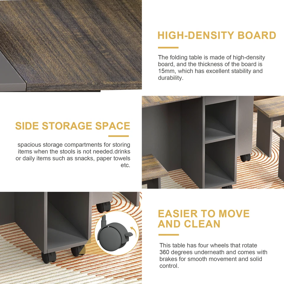 Juego de mesa de comedor plegable extensible de madera de 5 piezas con 4 sillas de almacenamiento 6 ruedas Foto 3 de 4