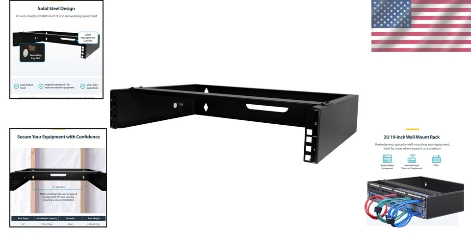 Black Wall Mount Rack - 19" Patch Panel, 77lbs Capacity - Image 2 of 4