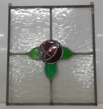 OLD ENGLISH LEADED STAINED GLASS WINDOW Unframed w Hooks Simple Rose 15"x17.75"