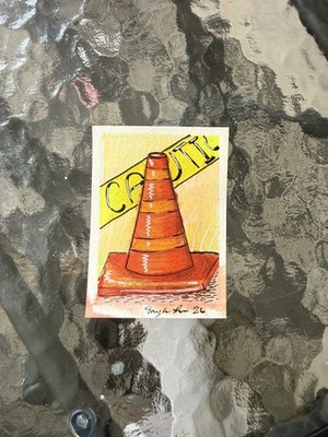 ACEO Art Card Original Watercolor & Colored Pencil 2.5in x 3.5in traffic cone