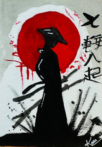 ACEO Original Acrylic Painting Samurai Silhouette Japanese Ink Raven Fantasy Art