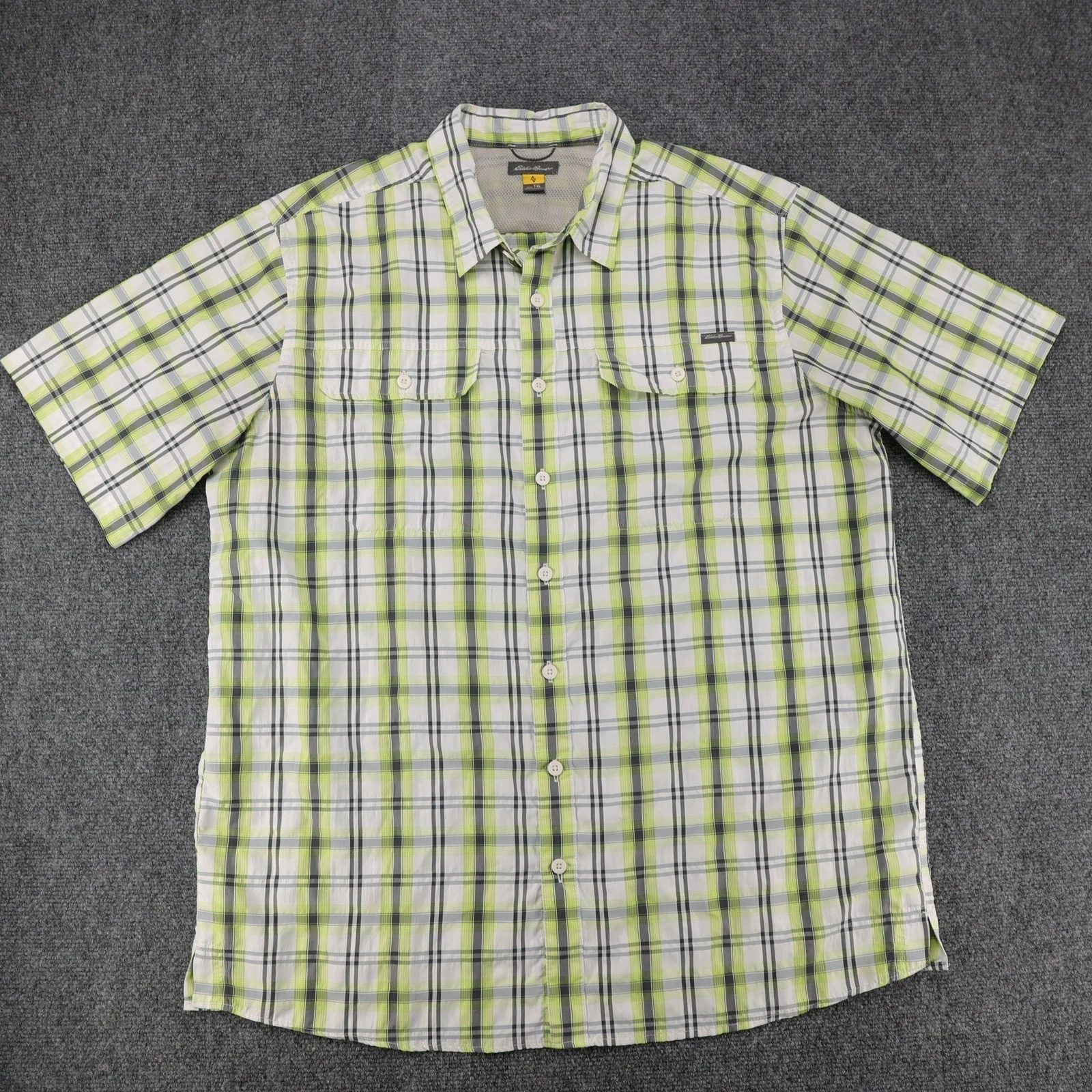 Eddie Bauer Mens TXL Plaid Short Sleeve Button Down Shirt Lime Green Hiking Tall
