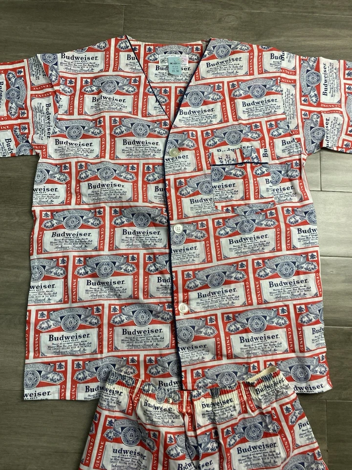 复古 20 世纪 60 年代 Deadstock 百威啤酒流行艺术睡衣套装衬衫短裤 S 码 — 第 3/4 张图片