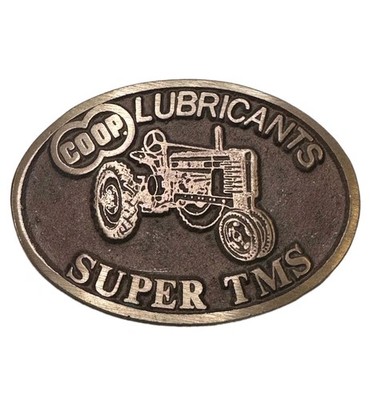 Vintage John Deere H Tractor Belt Buckle Brass CO-OP Lubricants Super TMS 1970s