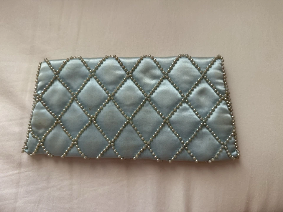 Cartera delgada vintage satinada azul pálido con cuentas a mano, bolso de mano, bolso de noche Foto 2 de 4